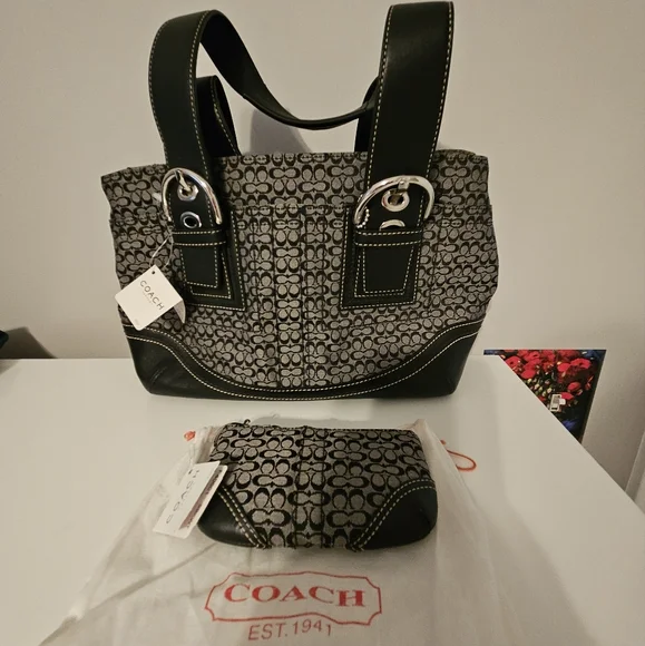 Coach Black and Gray Shoulder Bag w/ Signature Pattern With Matching Coin Purse - Picture 1 of 9